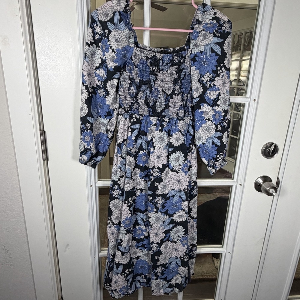 J. Crew Blue Floral Linen Smocked Bodice Midi Dress Long Sleeve Square Neck XXS